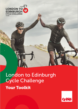 Two male cyclists hi-fiving on the front cover of fundraising toolkit
