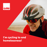 A man wearing sunglasses and cycle helmet, image reads "I'm cycling to end homelessness!"