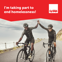 Two male cyclists hi-fiving, text reads "I'm taking part to end homelessness!"