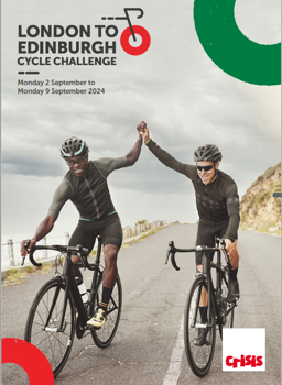 Two male cyclists hi-fiving on front cover of event brochure