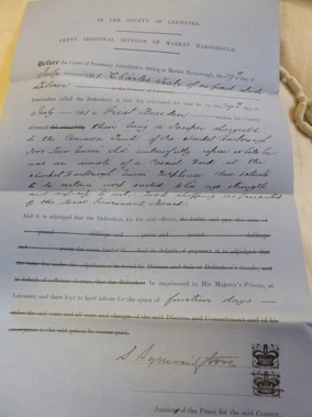 Horace Ford’s prosecution certificate as Charles Seaby 29 Jul 1901 QS85/1/356. Copyright The Record Office for Leicestershire, Leicester and Rutland