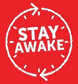 'Stay Awake' in white writing on a red background.