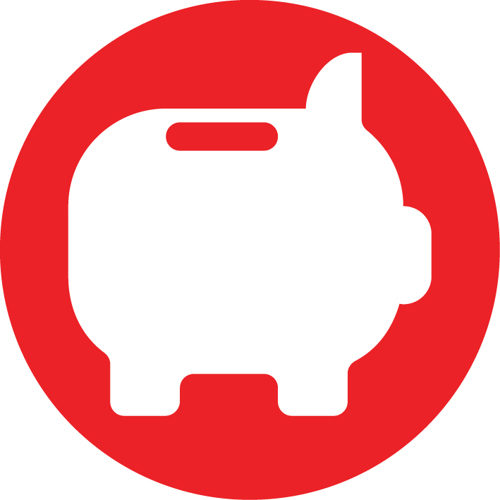Red circular icon with a white piggy bank in the middle