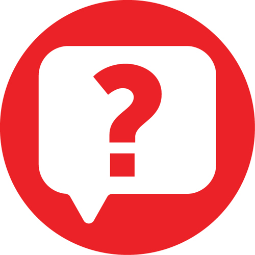 Red circular icon with a speech bubble containing a question mark