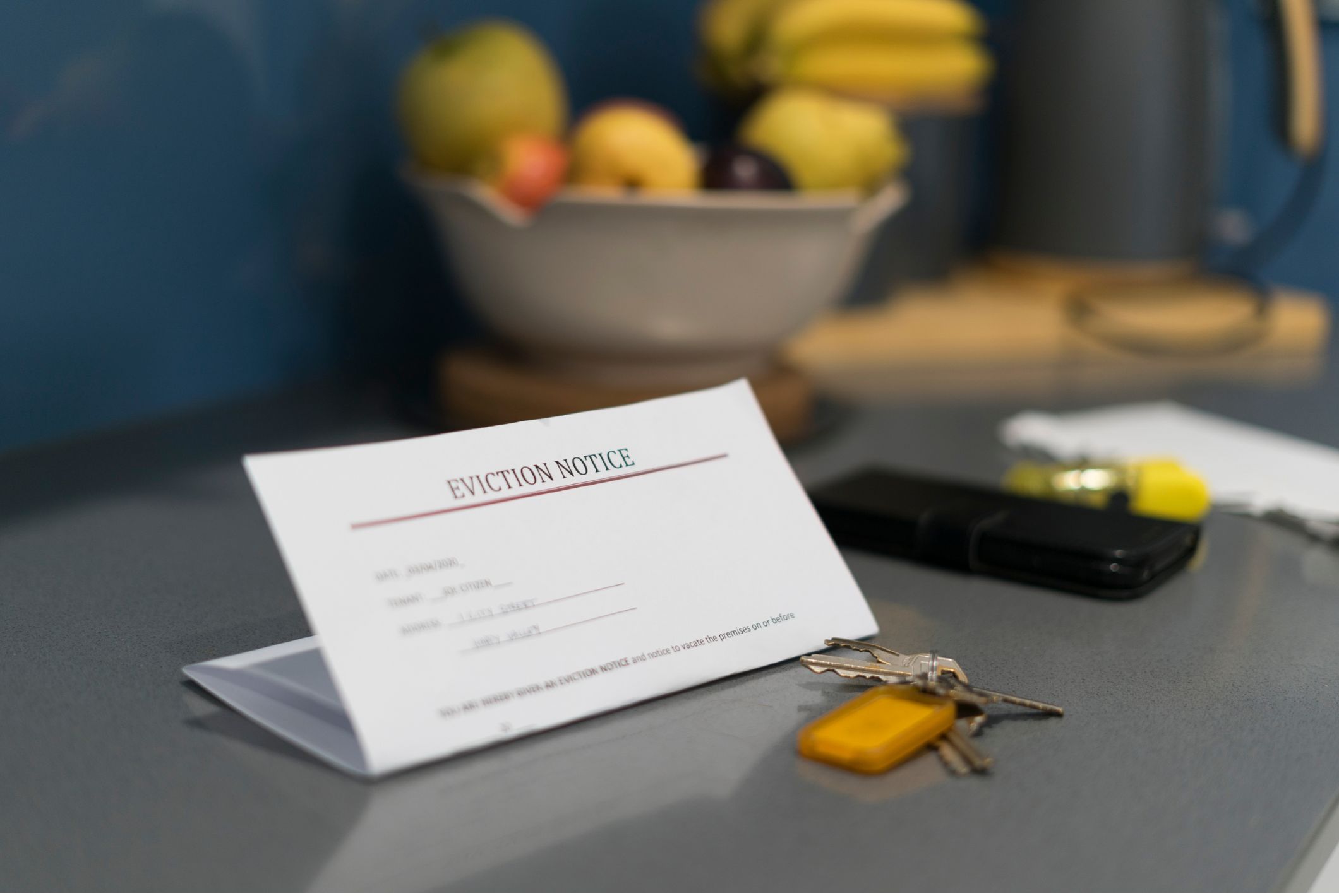 A folded letter lies on a grey table next to a set of keys. The letter reads 'eviction notice'.
