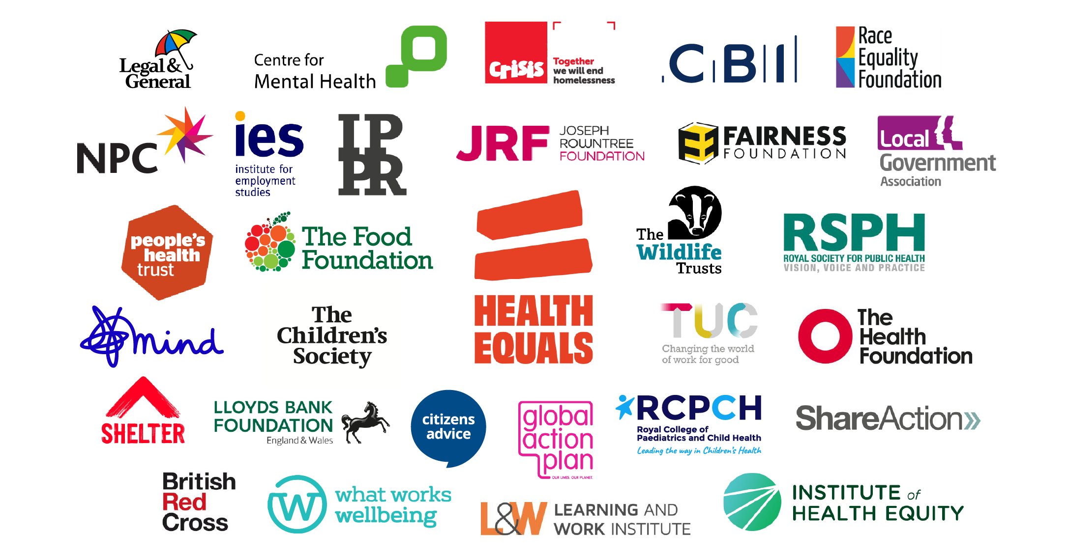 The logos of all 31 organisations who are part of the Health Equals campaign.