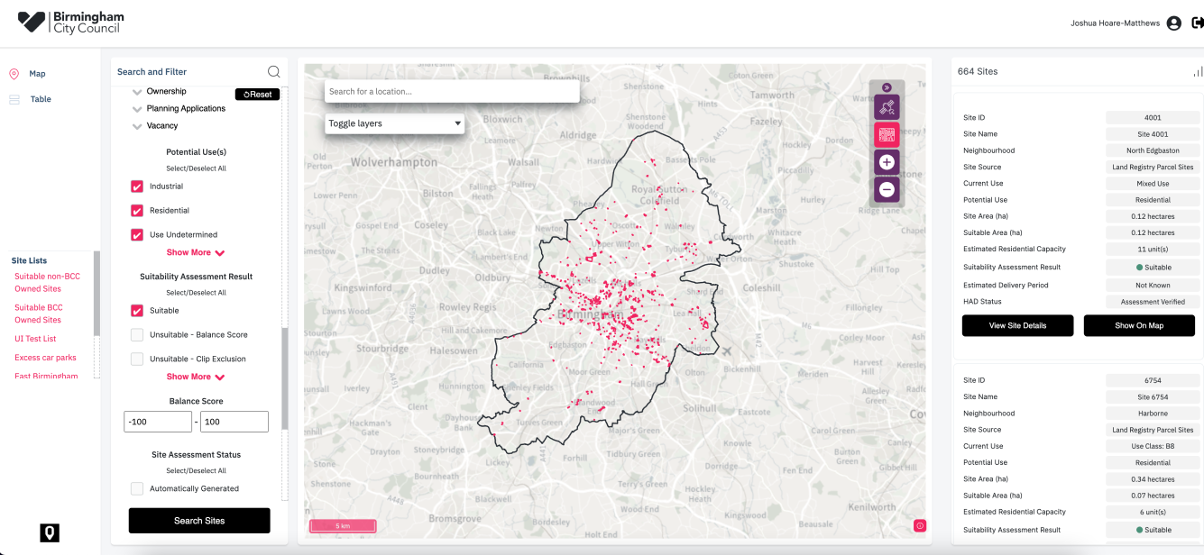 Image of the dashboard showing areas marked by red dots highlighting housing development opportunities.