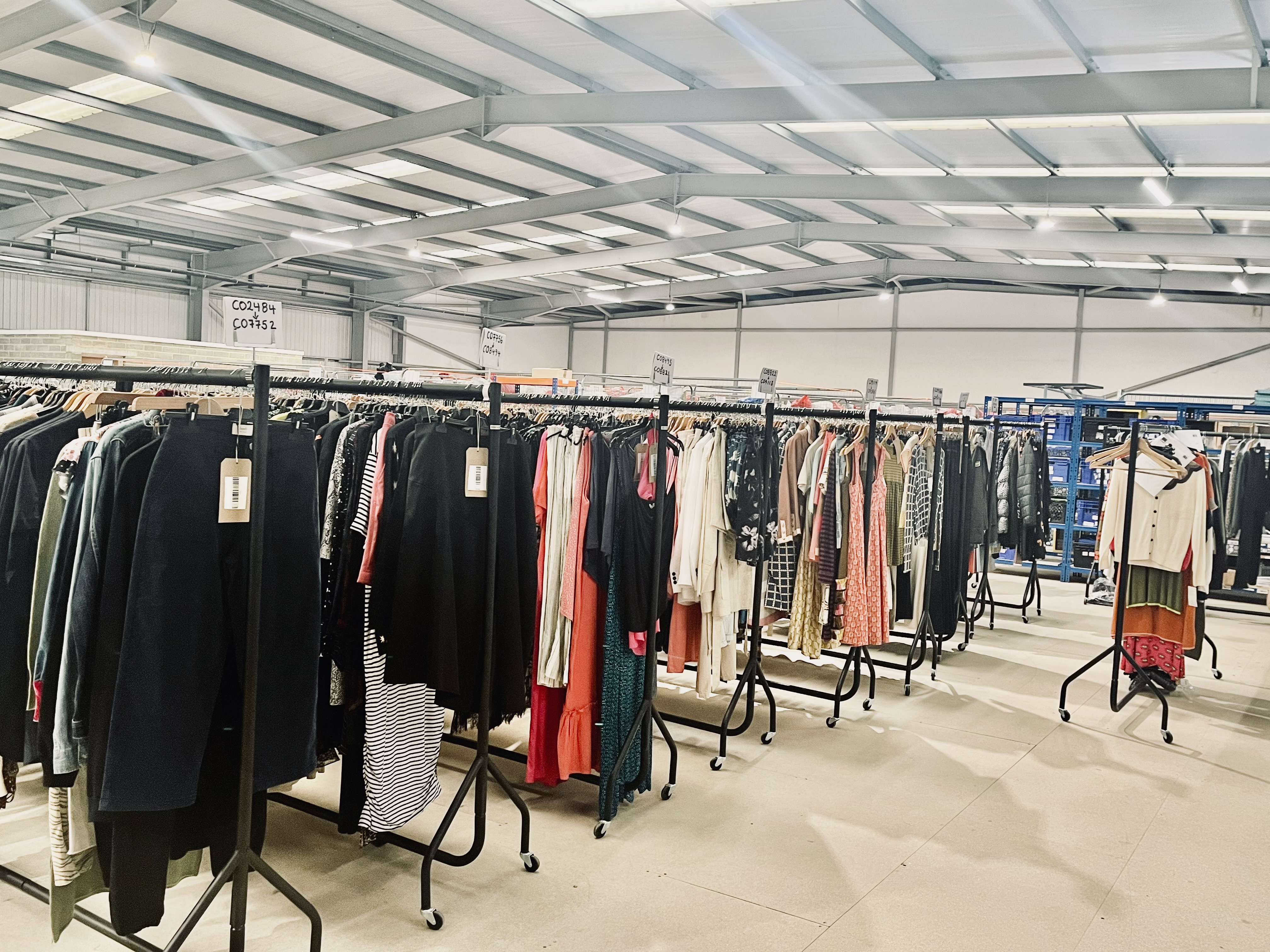 A warehouse with rows of full clothing rails. 