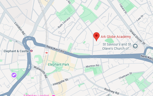 Screenshot of Google maps, showing Ark Globe Academy in Elephant & Castle